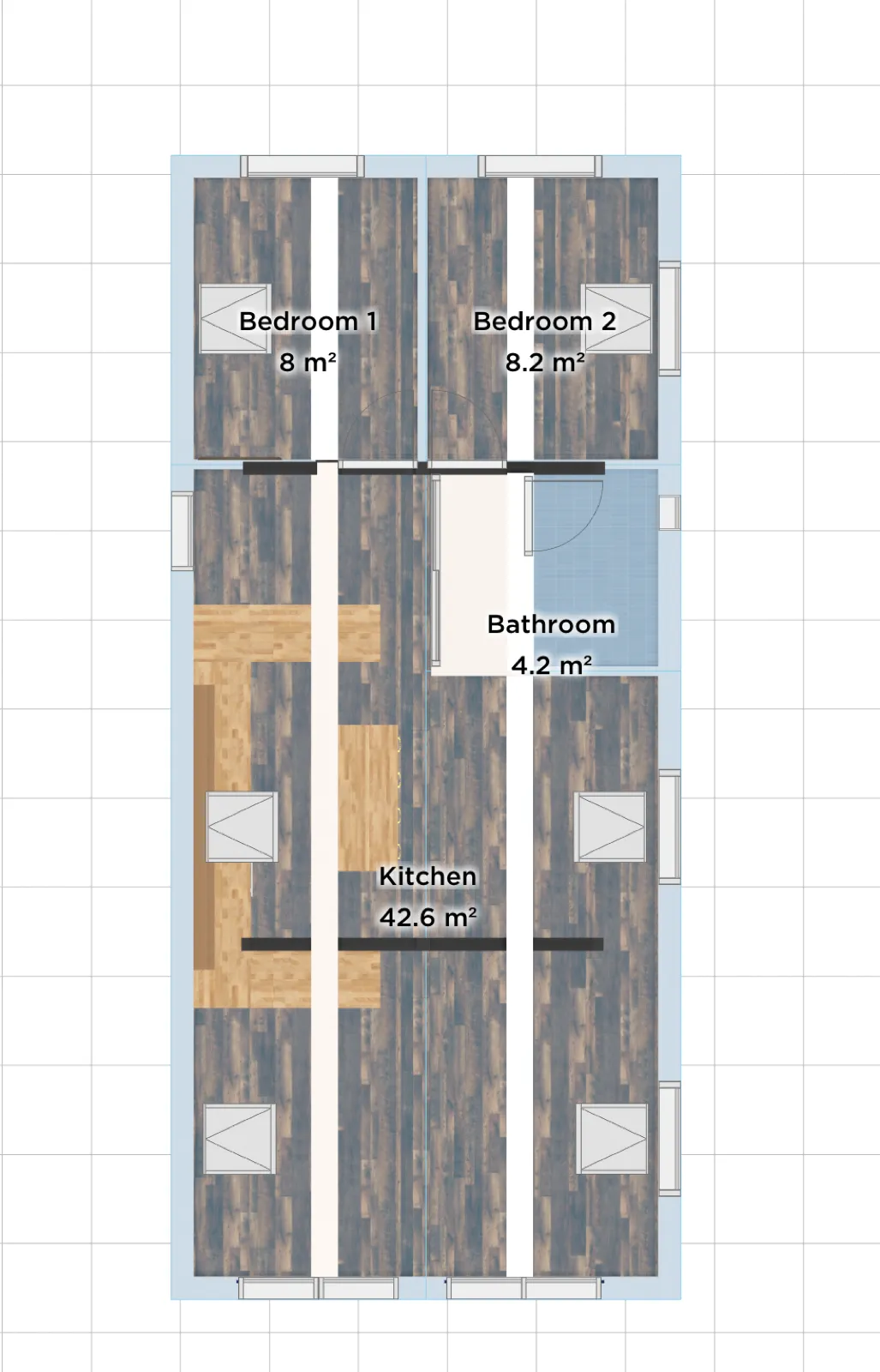 Floor plan: two bedrooms of 8 and 8.2 square metres, a 4.2 square metre bathroom and a 42.6 square metre kitchen
